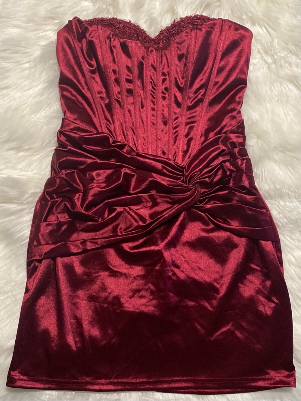 Windsor Burgundy Strapless Satin Lace Bustier Mini Dress size L